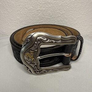 Tony Lama Westerly Ride Black Tooled Leather Belt Size 34 Bronco Rider C41513